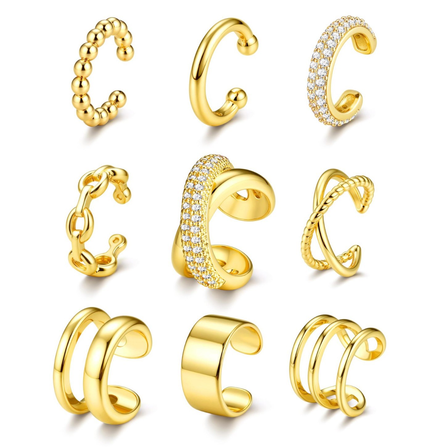Set di orecchini da donna in ottone con zirconi, composto da clip e cerchi, placcati in oro autentico e dal design geometrico unico, perfetti per feste e matrimoni._voghion.com