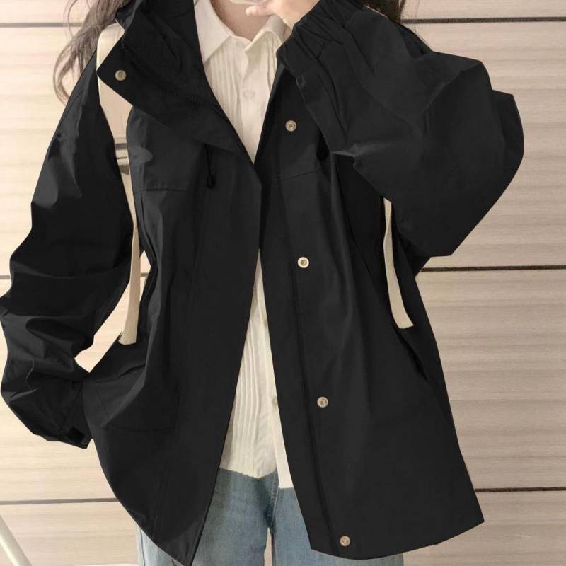早春季oversize卡其色连帽冲锋衣女春秋宽松设计感工装夹克外套潮|undefined
