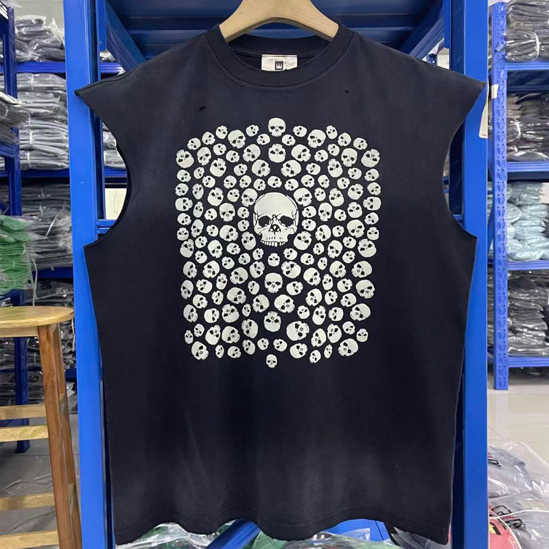 Classic Japanese Vintage Style, Luminous Skull Print, Washed Sleeveless Tank Top T-Shirt for Men and Women