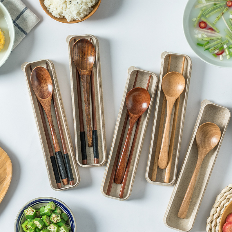 Portable Tableware Spoon Chopsticks Boxed Student Three-piece Set Wooden Spoon Chopsticks Natural Carving Tableware Chopsticks Spoon LOGO