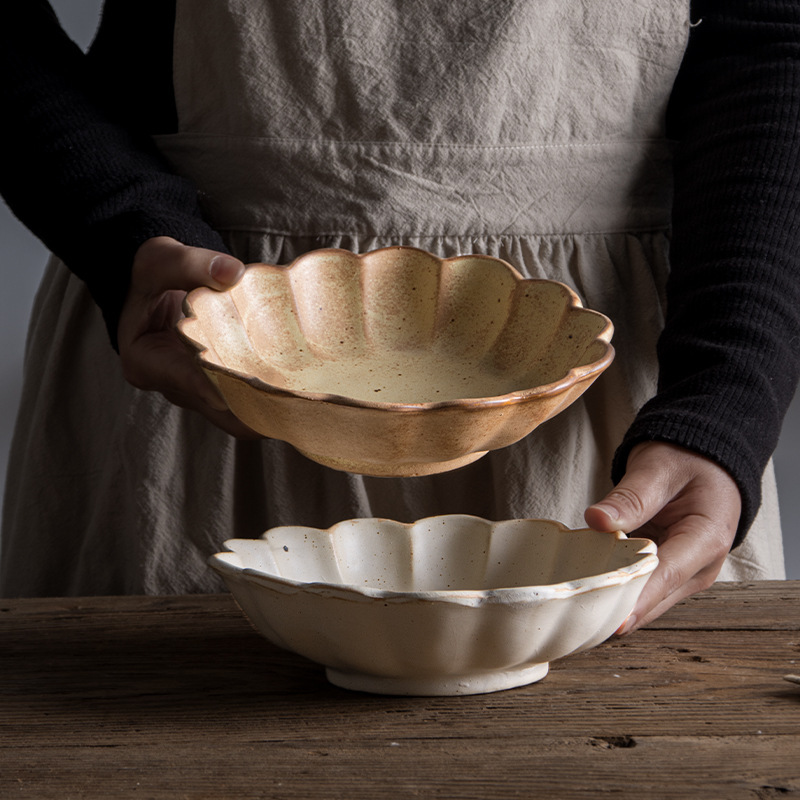 Japanese Style Ins Style Handmade Stoneware Vintage Flower Petal Bowl Ceramic Tableware Pagana Bowl Creative Salah Plate Household Soup Plate