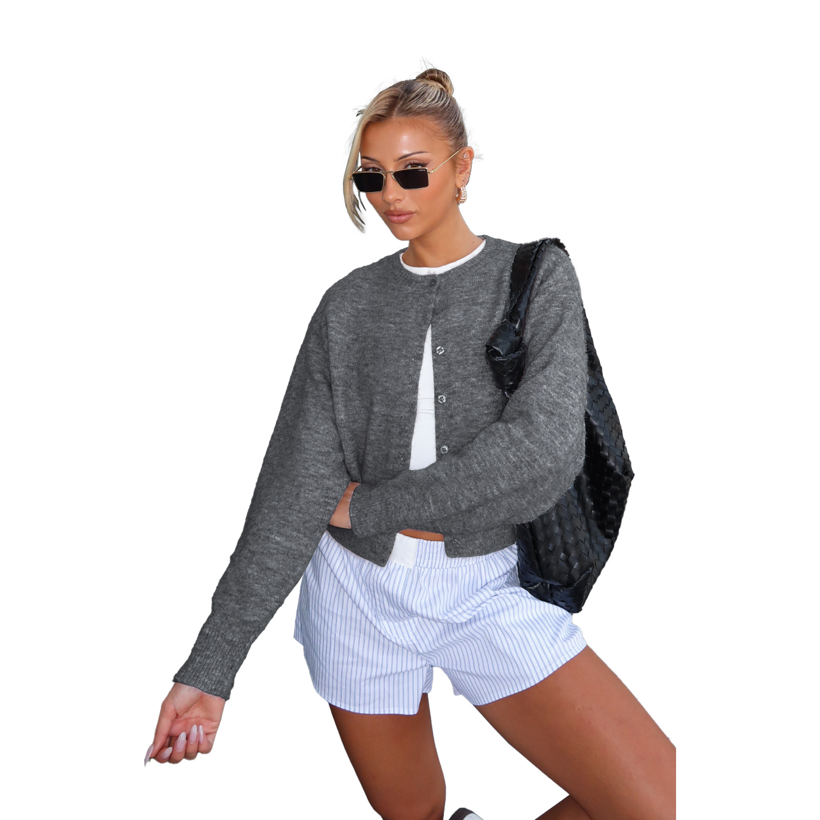 280g Weight Long Sleeve Sleeve Length Single Breasted Placket Type Polyester Fabric Type Short Top Length Cardigan, Sweater Tops Type Daily Occasion Round Neck Neckline Loose Fit Type Solid Color Pattern Spring, Autumn Season Women's Gender Button Design Streetwear Style Wholesale Women's Streetwear Solid Color Long Sleeve Button Sweaters & Cardigans 60