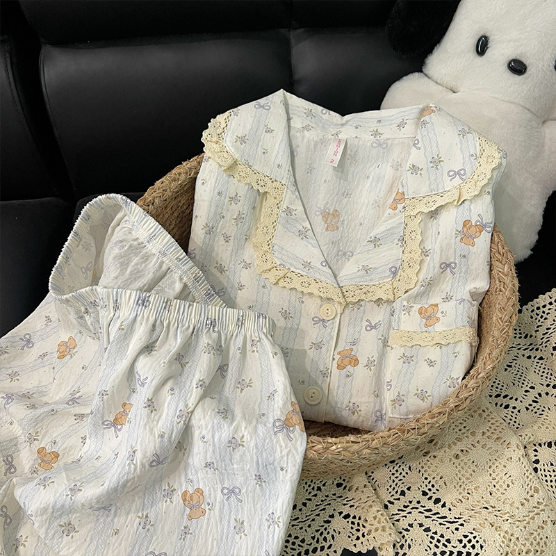 Pijamas de primavera y verano al por mayor transfronterizos mujeres nuevas nubes de algodón dibujos animados encaje pequeño solapa pantalones de mangas largas set de ropa para el hogar