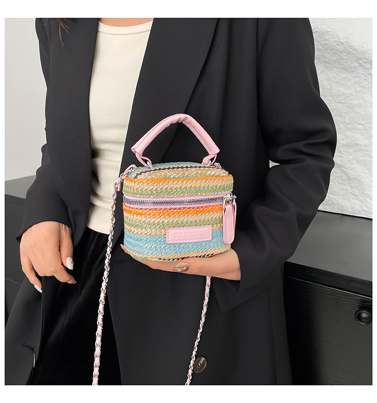 165g Weight Polyester Lining Material Weave Fashion Element Zipper Closure Type Top Handle, Chain Strap Type Crossbody Bag Bags Type Casual, Daily, Shopping Occasion Straw Material Multicolor Pattern Spring&Summer Season Women's Gender Vintage Style Style Cylindrical Shape Women's Straw Multicolor Vintage Style Weave Cylindrical Zipper Crossbody Bag 5