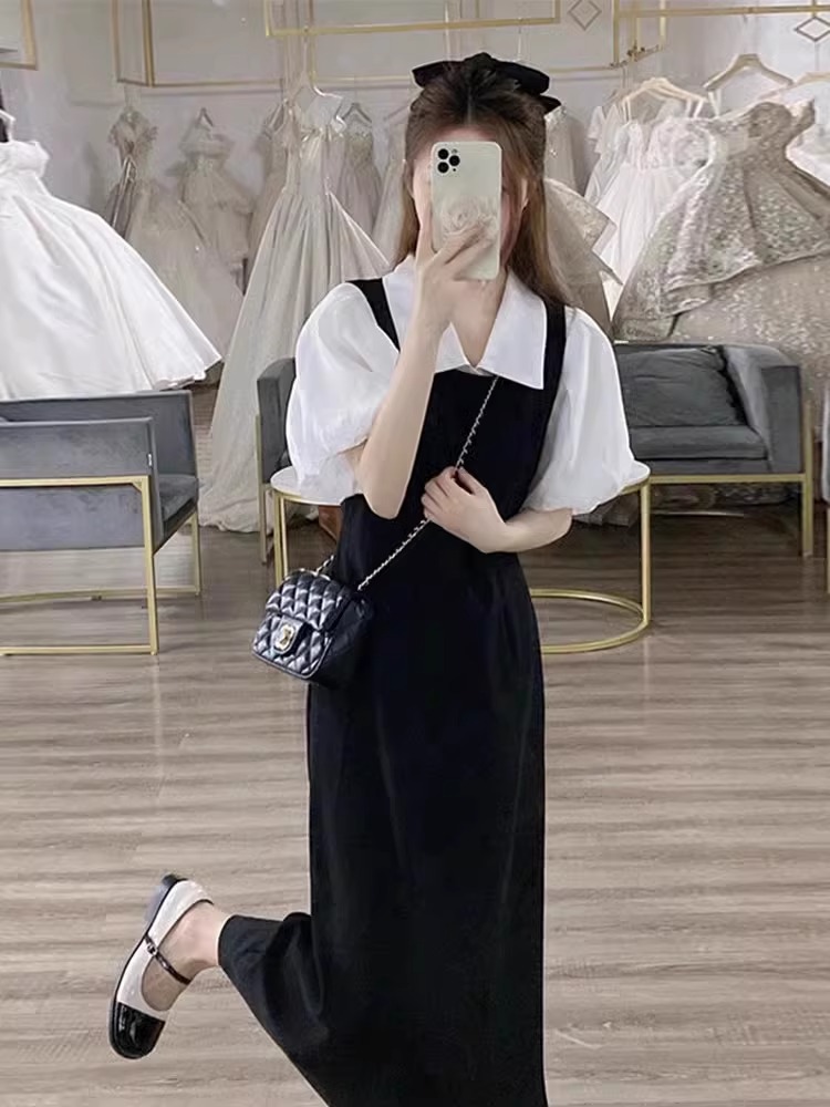 夏季女装2024新款韩系女主茶系穿搭时尚法式气质背带连衣裙子套装