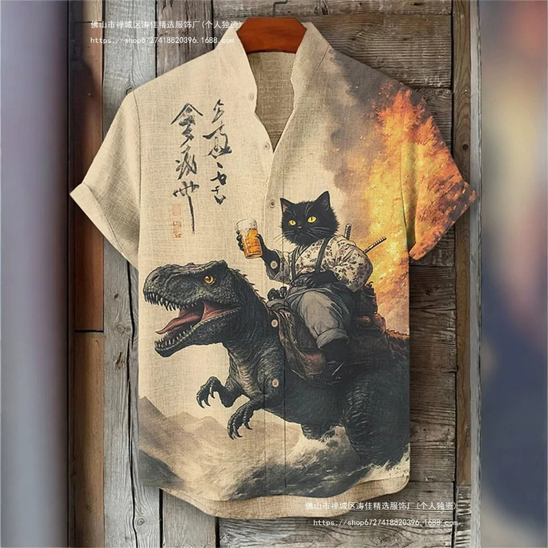Men's Short-Sleeved Shirt with Cat and Dinosaur Print, Casual and Stylish Vacation-Style Men's Top, Fashionable