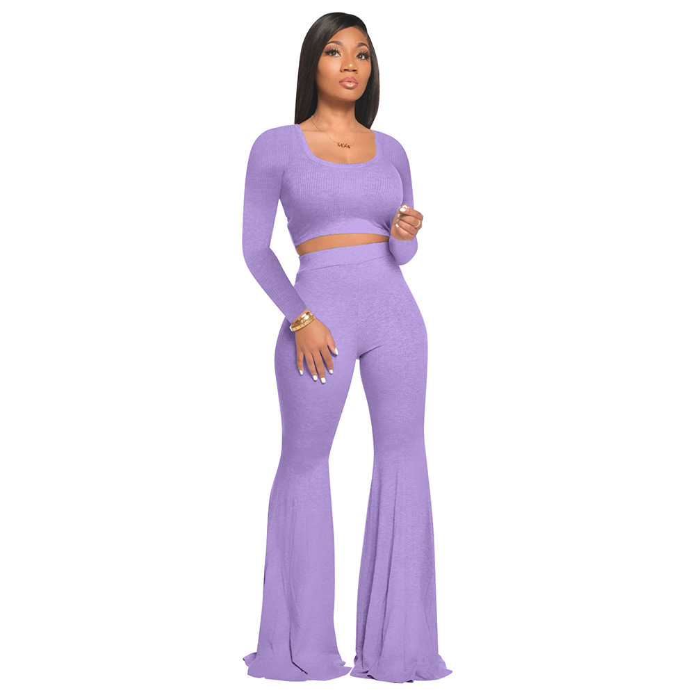 Solid Color Pit Strip Slim Flared Pants Set NSFDD96222