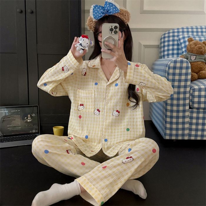 Al por mayor transfronterizo primavera y otoño nuevo pijama de mujer nubes de algodón con solapa cardigan de manga larga pantalones dulces set de ropa para el hogar