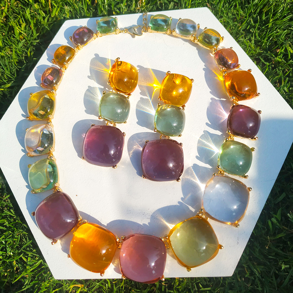 33g Weight Vacation Square Alloy Inlay Resin Women's Earrings Necklace