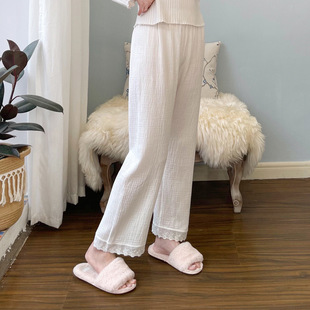 Spring and Autumn Short-Sleeved Pure Cotton Pajamas, Sweet Casual Straight Cotton Gauze Women's Pants, Home Summer Breathable Lazy Style