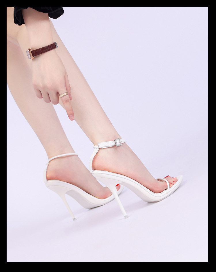 Sandal nữ quai ngang mảnh khóa cài gót siêu cao hở mũi — Màu be, Màu bạc, Màu trắng, Màu tím chi tiết 9