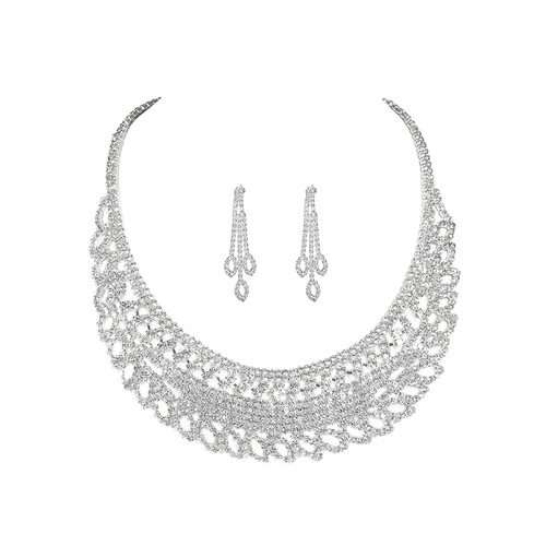All-Copper Luxury Water Diamond Geometric Engraved Necklace Earrings Set Bride Diamond-Studded Necklace Earrings Set