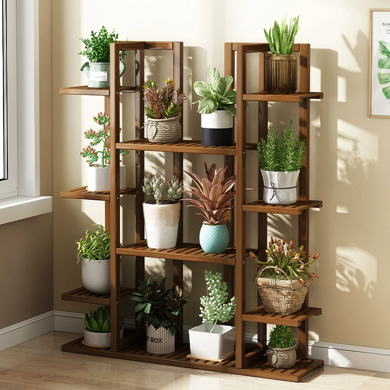 Цветочная полка Гостиная Напольная Простая Современная стеллаж для хранения на балконе Уличная многослойная стойка для цветочных горшков из цельного дерева Стойка с зеленой розами