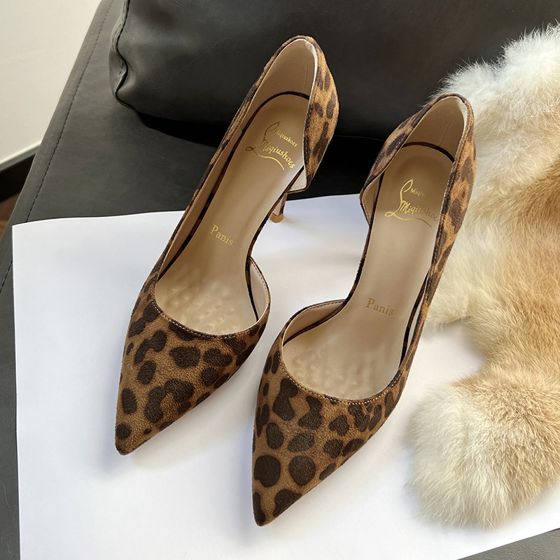 Spring New Pointed Side Empty High Heels Elegant All-match Thin Heel Sexy Leopard Print Comfortable Suede Shallow Mouth Single-layer Shoes for Women