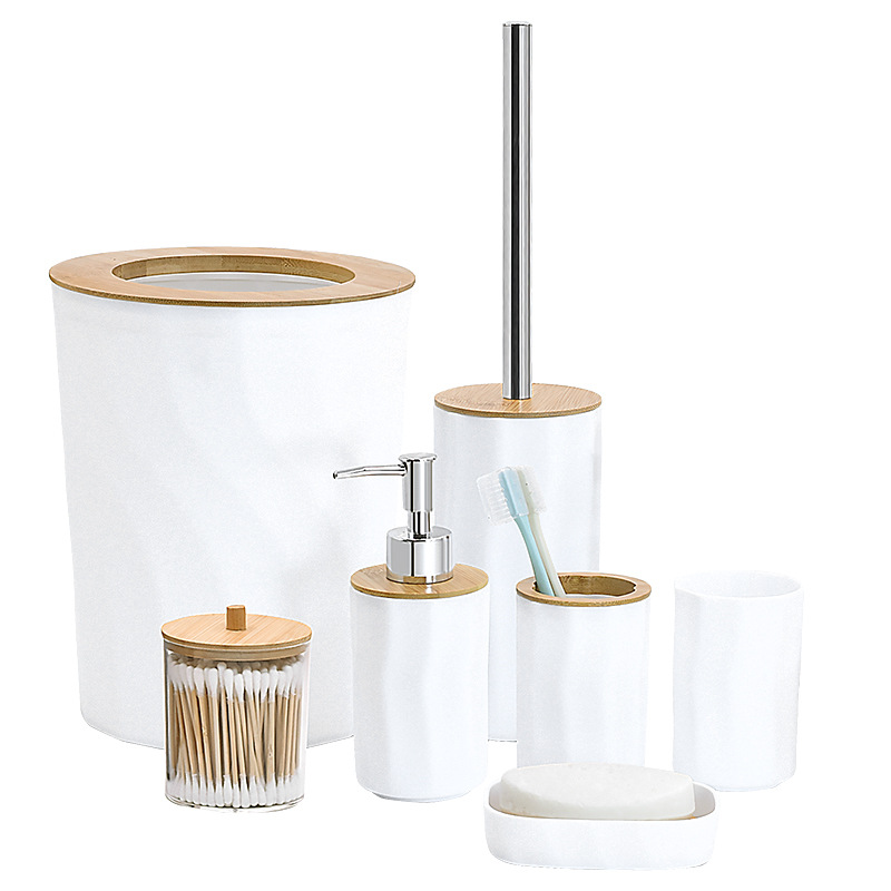 Cubierta de bambú y madera de plástico de baño de cuatro piezas de almacenamiento de cubierta de inodoro estante de tazas de dientes fabricantes de baño al por mayor