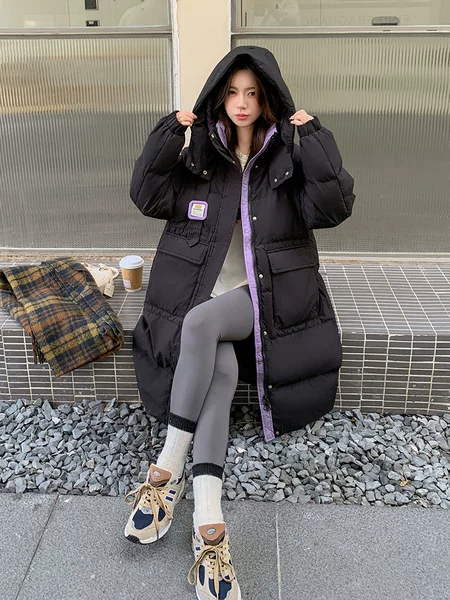 2025 New Korean Style Plus Size Angora Red Contrast Color Long Winter Loose down Jacket 230