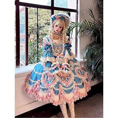 蓝色古董风蛋糕裙 华丽 Lolita裙 洛丽塔洋装重工裙