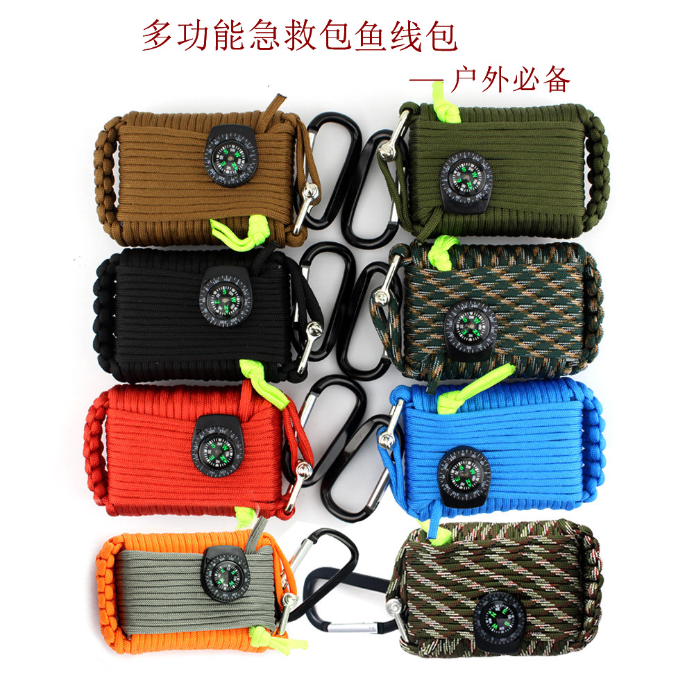 Outdoor Multifunctional Paracord Braided Emergency Survival Tool Box Portable First Aid Kit Carabiner Flint Set