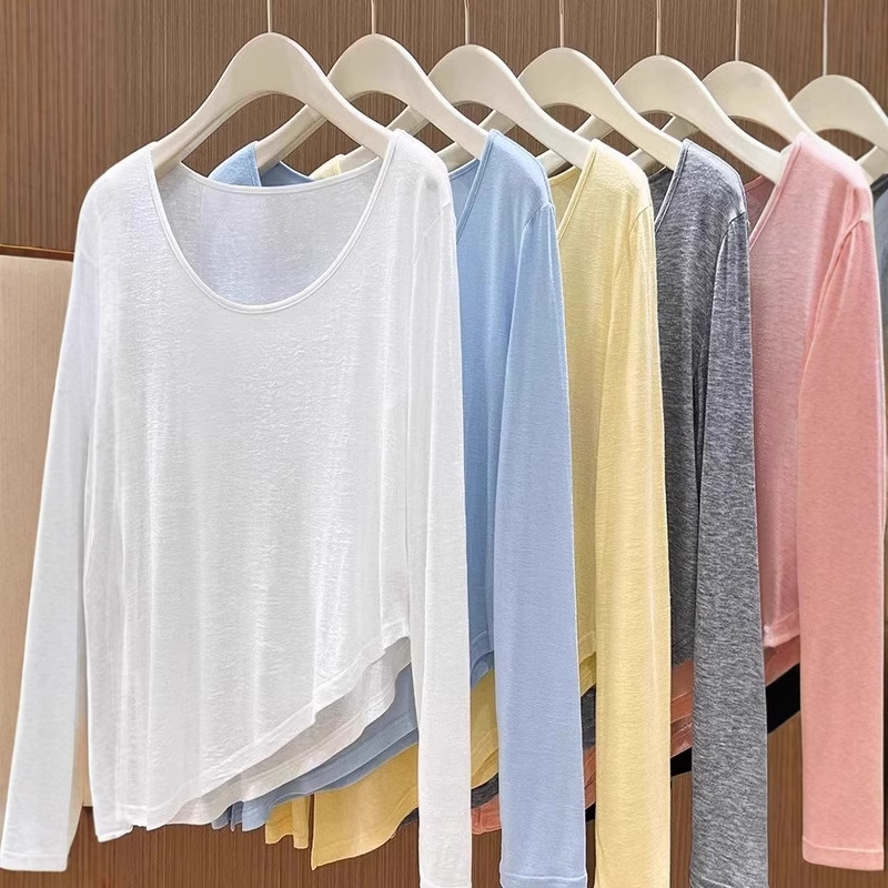 Simple round neck, thin and slightly sheer long-sleeved cover-up for women, spring style, slimming, irregular slit design, sun protection T-shirt.