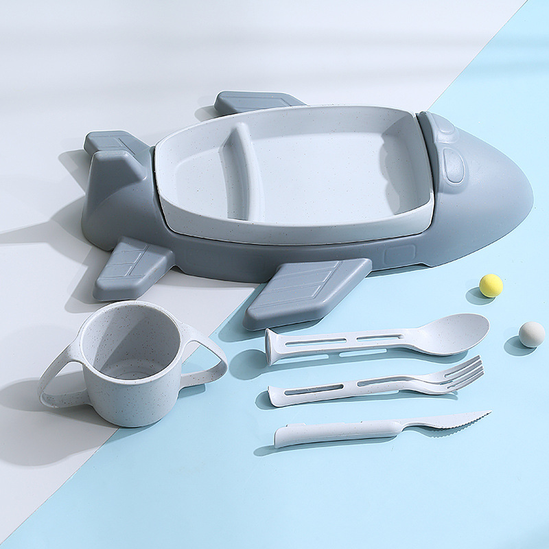 Plato de almuerzo de avión juego de seis piezas de dibujos animados de trigo jardín de infantes plato de comida para bebés vajilla de suplemento alimenticio para niños con taza, cuchillo, tenedor y cuchara image 10