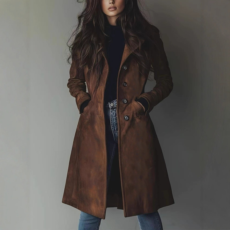 2026 European and American Amazon Cross-Border New Women's Autumn and Winter Coat, Turn-Down Collar Western Style Suede Long Trench Coat