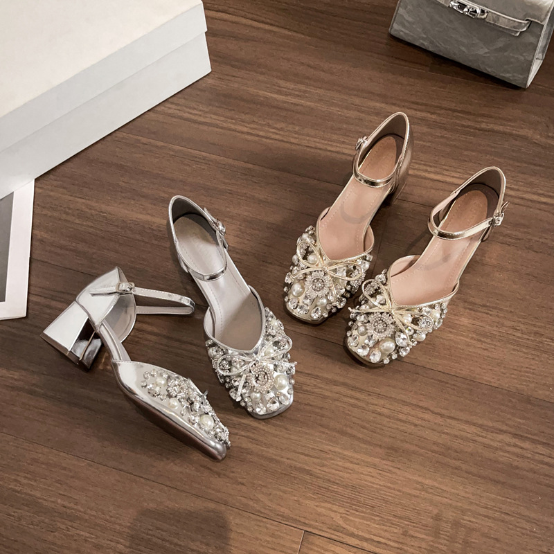 Fairy Style Hollow Rhinestone Shoes with Skirt, One-Line Buckle Toe Sandals for Women, Summer Thick Heel Rhinestone Pearl High Heels