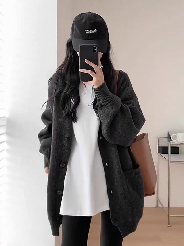 哥家商场同款女装2025秋季针织衫外搭中长款慵懒复古毛衣外套上衣|undefined