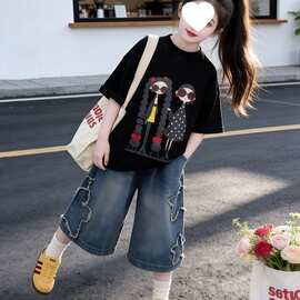 女童短袖休闲夏季新款卡通恤儿童洋气牛仔裤套装两件套其2026新款