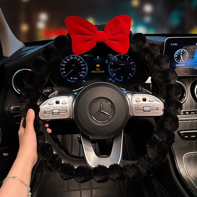 Car Bow Steering Wheel: Steering wheel cover - stuffed-model-d-type-black-handlebar-red-bow-38cm