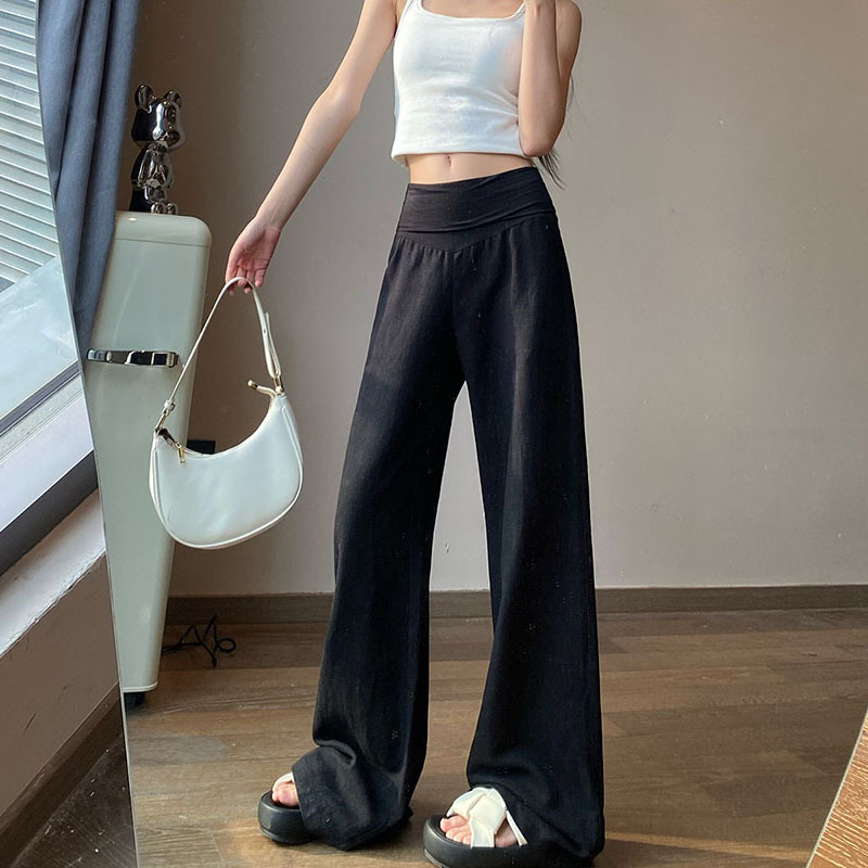 白色天丝亚麻棉麻阔腿裤女夏季薄款高腰垂感慵懒老钱风直筒休闲裤|undefined