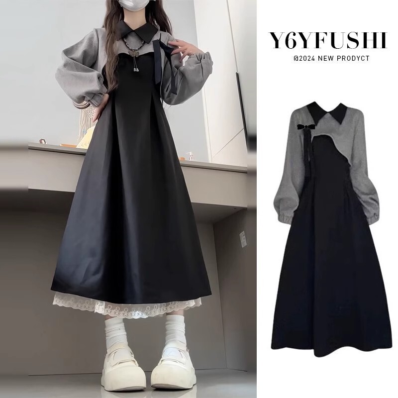 French Black Long-Sleeved Dress for Women in Autumn and Winter 2025 New Style for Small People in Autumn and a Complete Set of Outfits