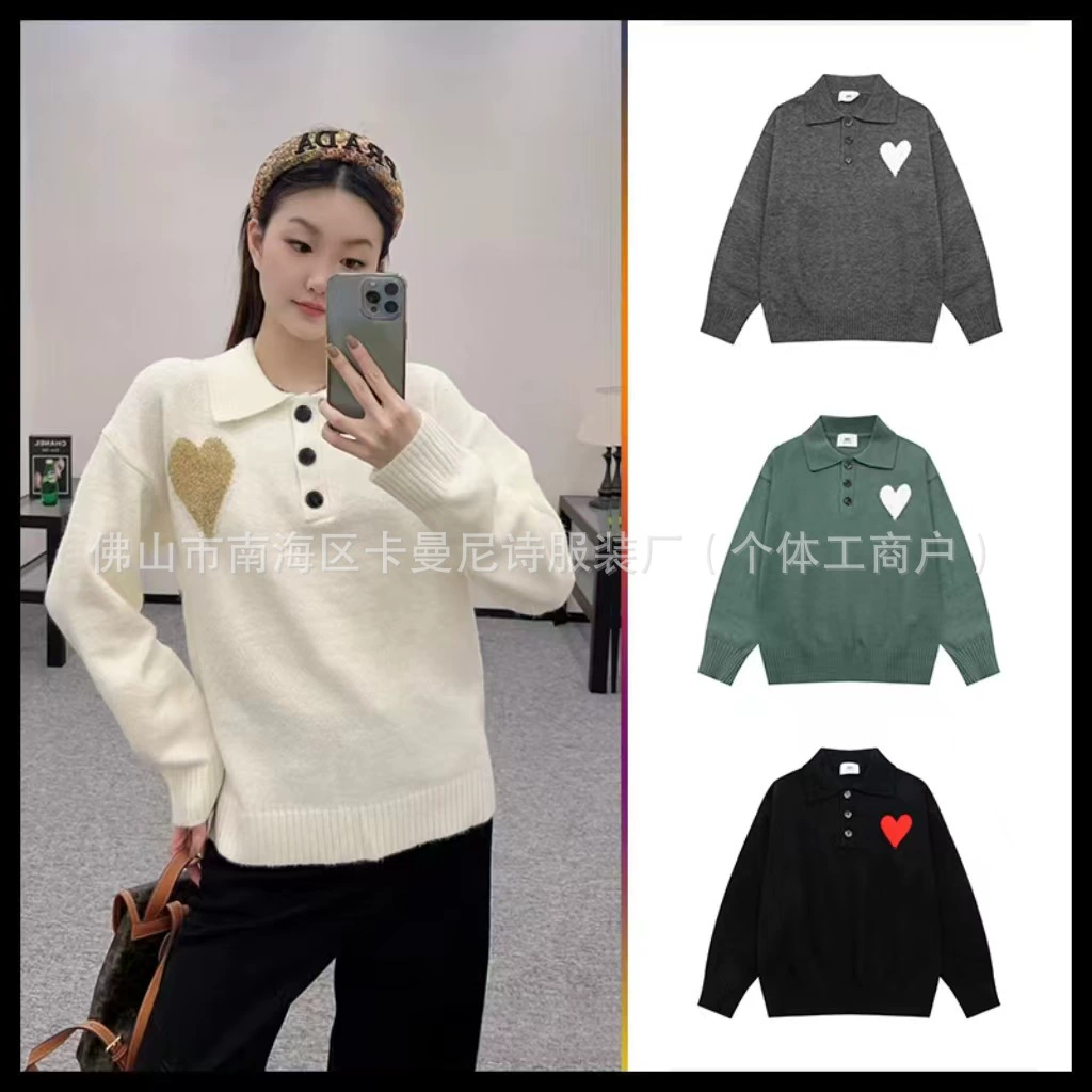 Трансграничное поколение волос AM * лацканный свитер любовь жаккардовая вышивка вязаный свитер повседневный свободный мужчина и женщина пара свитер