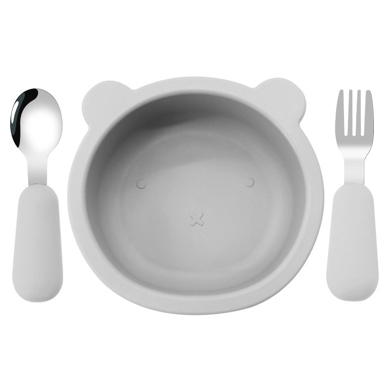Oso para niños Tazón tenedor de silicona cuchara alimentos complementarios vajilla de alimentación resistente a las caídas suministros maternos e infantiles tazón de silicona dibujos animados oso Tazón