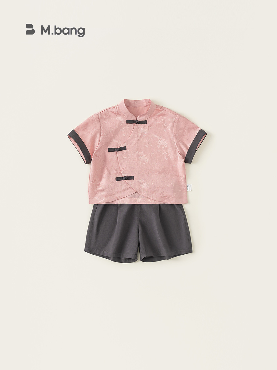 Youbao ropa para niños nuevo traje de niño de estilo chino con botones de disco camisa de estilo nacional top pantalones cortos casuales de dos piezas de color sólido para niños