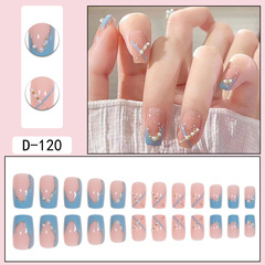 小清新穿戴甲海鹽珍珠線條假指甲貼片短款美甲成品溫柔淺色法式甲