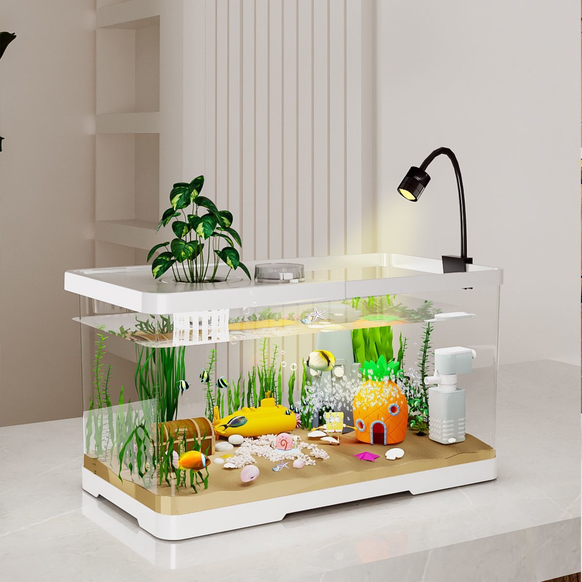 家用鱼缸水族箱高清透明懒人免换水管底排水器造景大型生态桌面缸