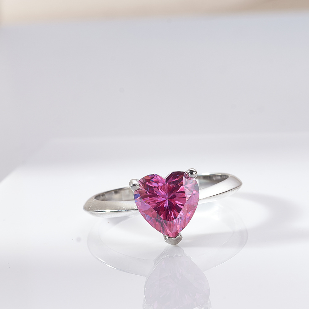 2 quilates anillo de piedra de moissanita rosa en forma de corazón plata esterlina incrustado con un segundo de penetración transfronteriza en vivo para anillo de mujer