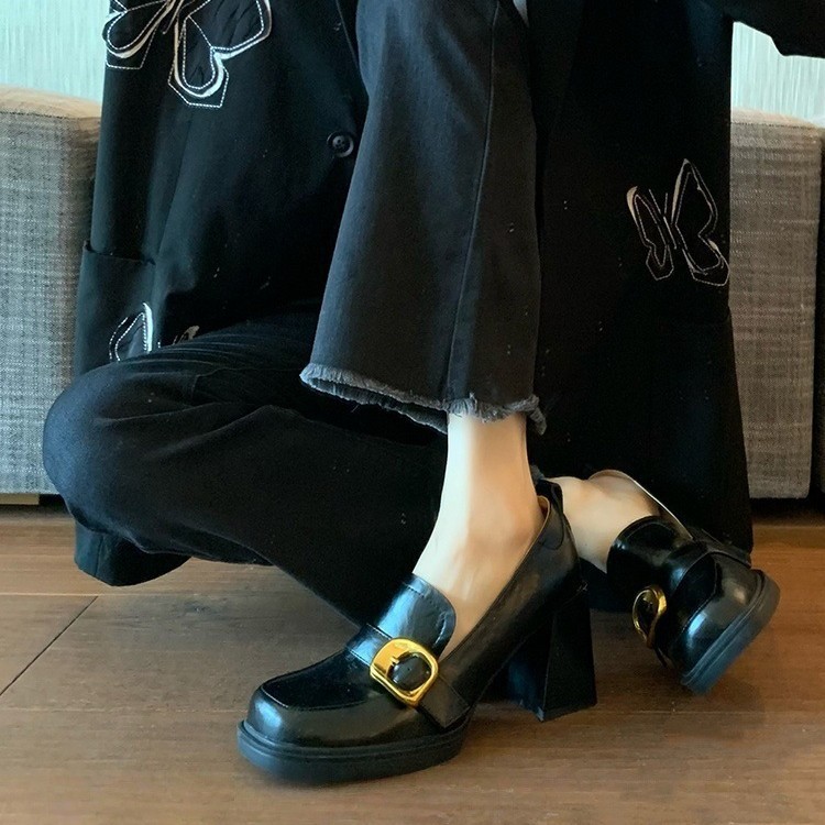 复古方头粗跟一脚蹬乐福鞋2025秋季新款高跟小皮鞋女英伦风鞋子|undefined
