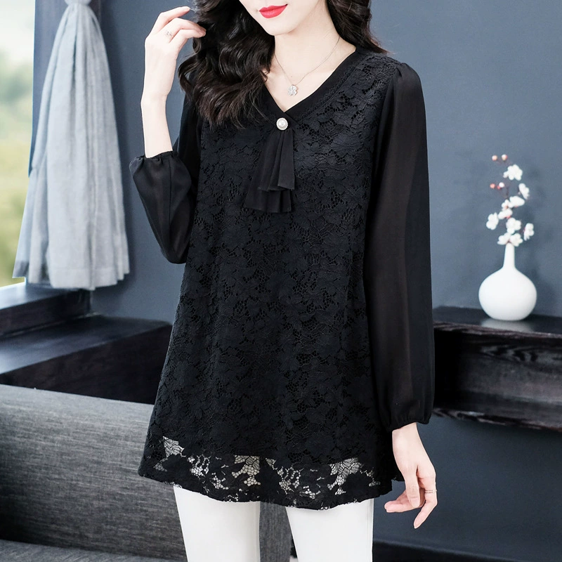 Летняя новая кружевная шифоновая легкая зрелая рубашка больших размеров 240 кг с длинными рукавами, топ для полных женщин среднего возраста