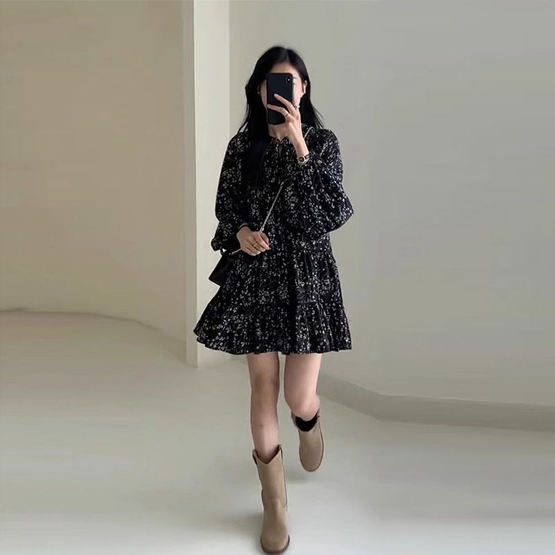 Tea Break French Style Black Floral Dress Women's 2025 New Spring Elegant Super Good-looking Short Skirt