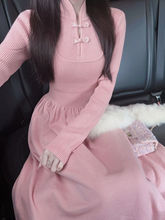 镂空中式假两件收腰针织连衣裙女秋冬修身显瘦内搭打底a字毛衣裙