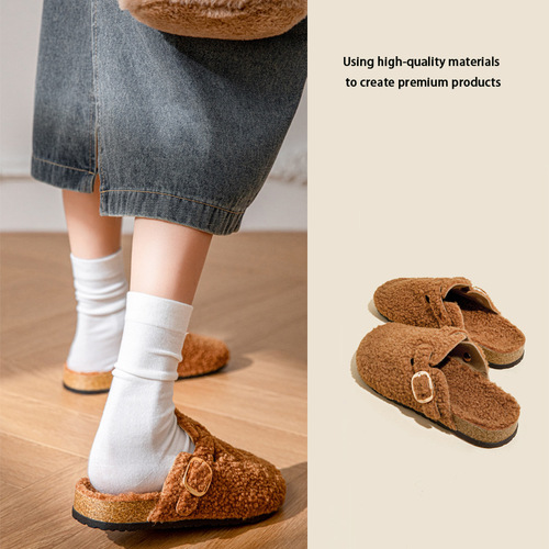 Fur slippers, women's outer wear, Teddy roll, plush Birken, winter cashmere, warm Birken shoes, cotton sandals, upgradeable