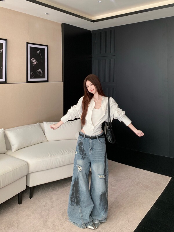 拼接假两件polo领长袖衬衫女早秋修身收腰衬衣白色上衣纯欲连体衣|undefined