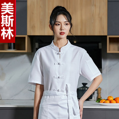 酒店廚師服短袖男中國風飯店餐飲廚房烘焙工作服短袖透氣亞麻