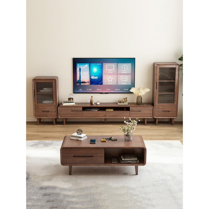 Full Solid Wood TV Cabinet Coffee Table Combination Floor Cabinet New Chinese Style Small Apartment Living Room TV Cabinet Walnut Color Bedroom