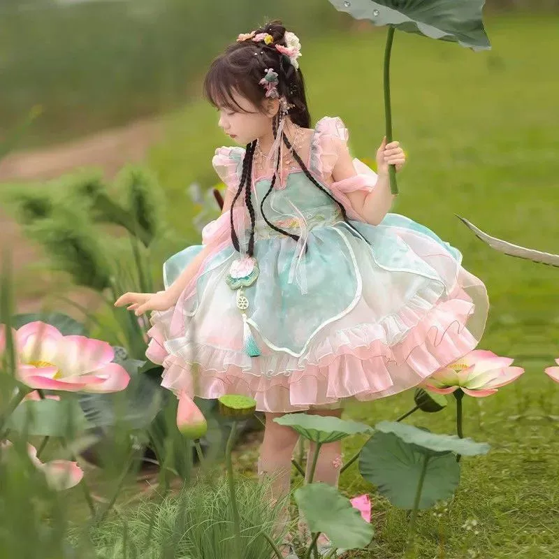 Платье для девочек в стиле Лолиты, детское летнее платье 2025, новый западный стиль, юбка в китайском стиле, модная летняя одежда для девочек