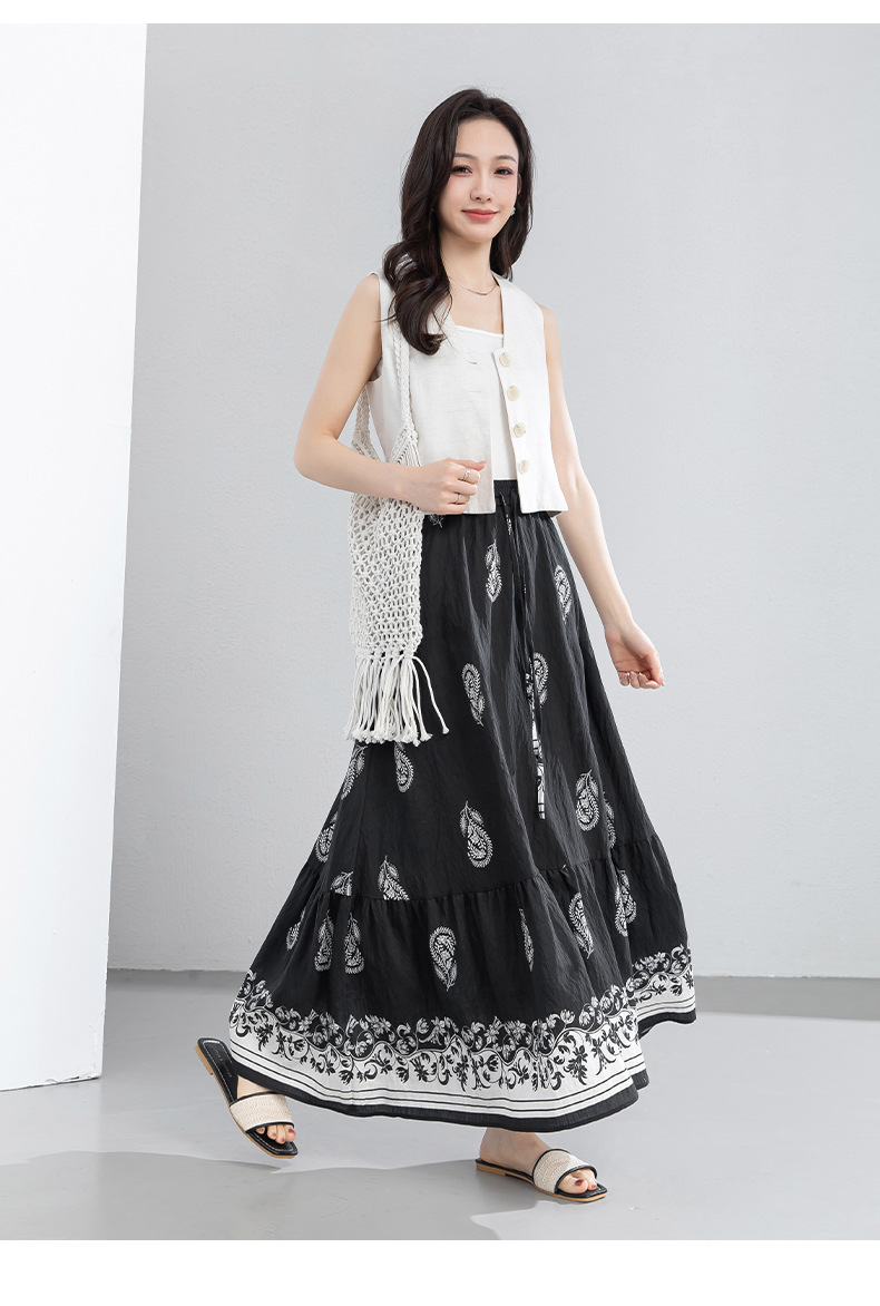 Chân váy chữ A bohemian eo cao in họa tiết, dáng xòe rộng, phù hợp đi biển và nghỉ mát — màu đen chi tiết 20
