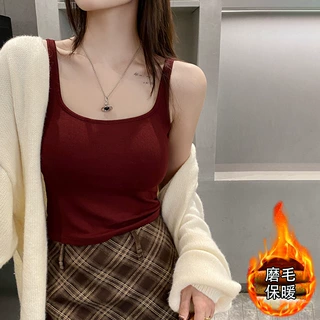 秋冬安克拉红磨毛吊带保暖美背背心带胸垫固定杯内搭打底无袖上衣
