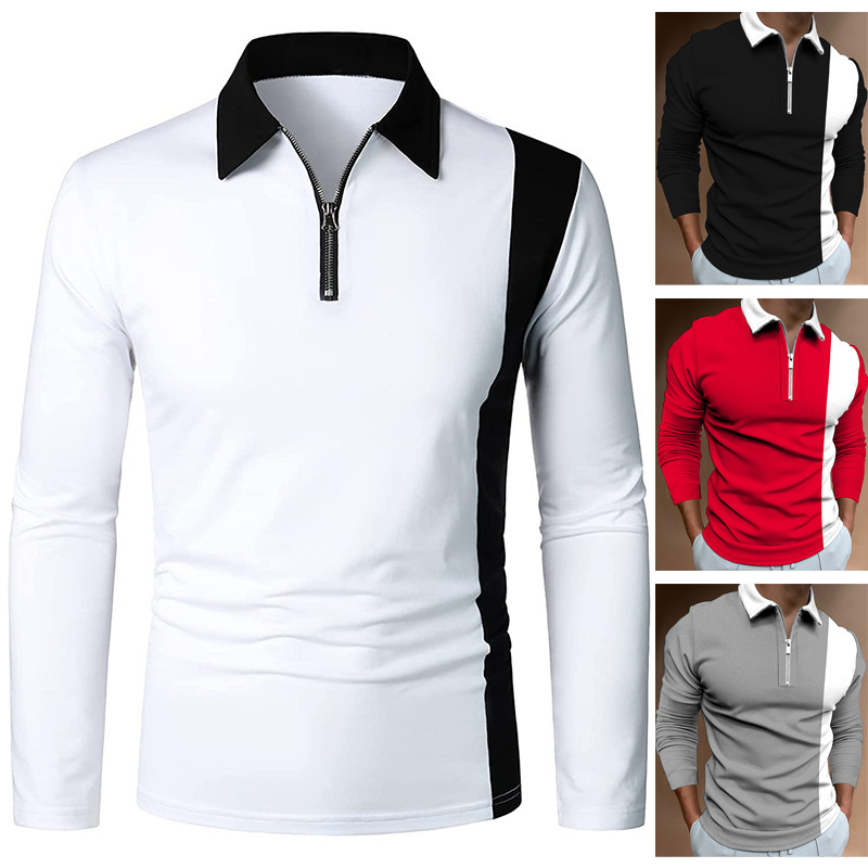 Men's long-sleeved color matching fashion matching men's lapel long-sleeved men's polo shirt two-color stitching fashion men's clothing