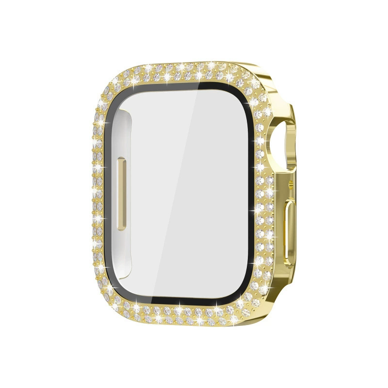 Защитный чехол для Apple Watch 10, совместимый, двойной ряд инкрустации кристаллами, ПК с закаленной пленкой, интегрированный корпус для часов